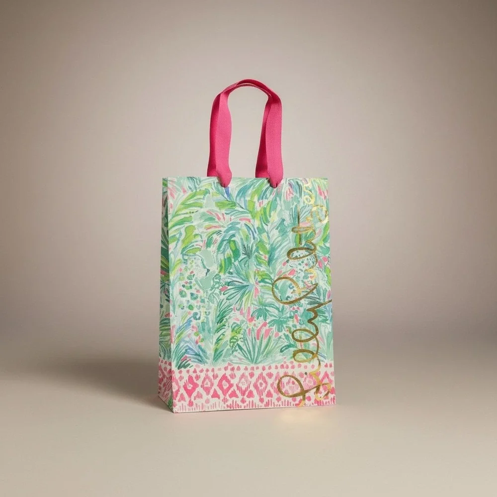 Lilly Pulitzer LG Paper Shopping Bag Tropical Floral Pink Ribbon‎ Handles 16x12